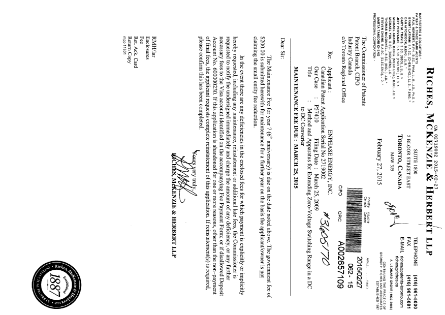 Document de brevet canadien 2719002. Taxes 20141227. Image 1 de 1