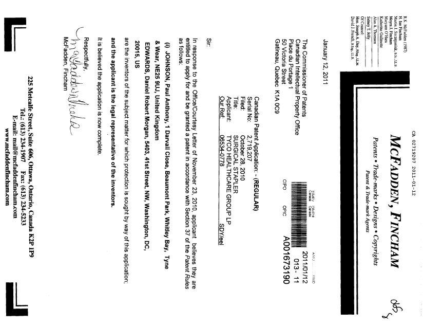 Canadian Patent Document 2719207. Correspondence 20110112. Image 1 of 1
