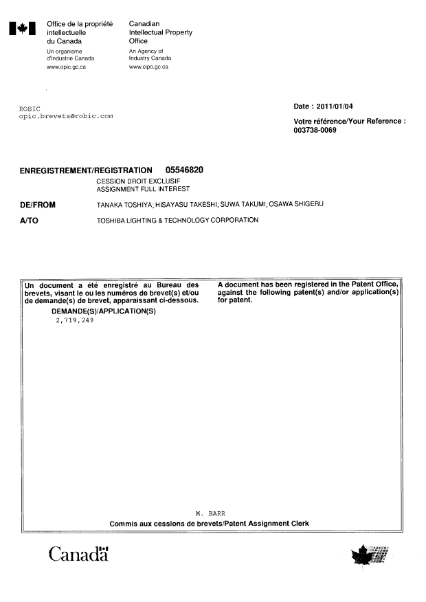 Canadian Patent Document 2719249. Correspondence 20110104. Image 1 of 1