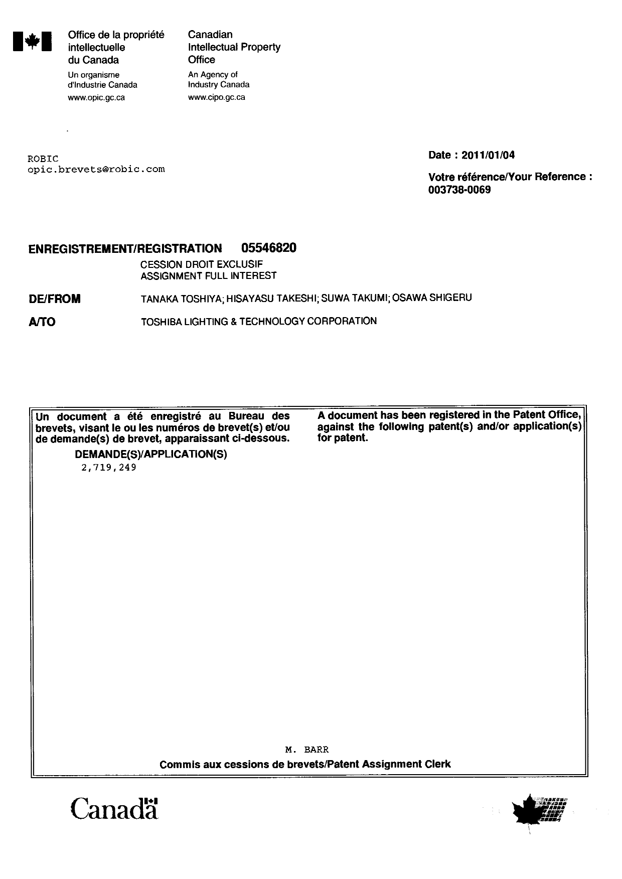 Canadian Patent Document 2719249. Correspondence 20110104. Image 1 of 1