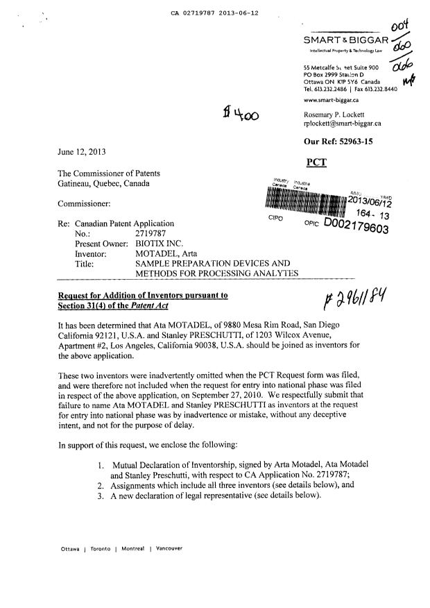Canadian Patent Document 2719787. Correspondence 20130612. Image 1 of 6