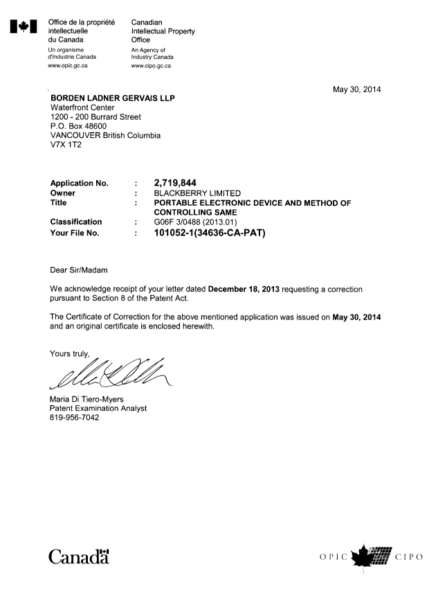Canadian Patent Document 2719844. Prosecution-Amendment 20140530. Image 1 of 2