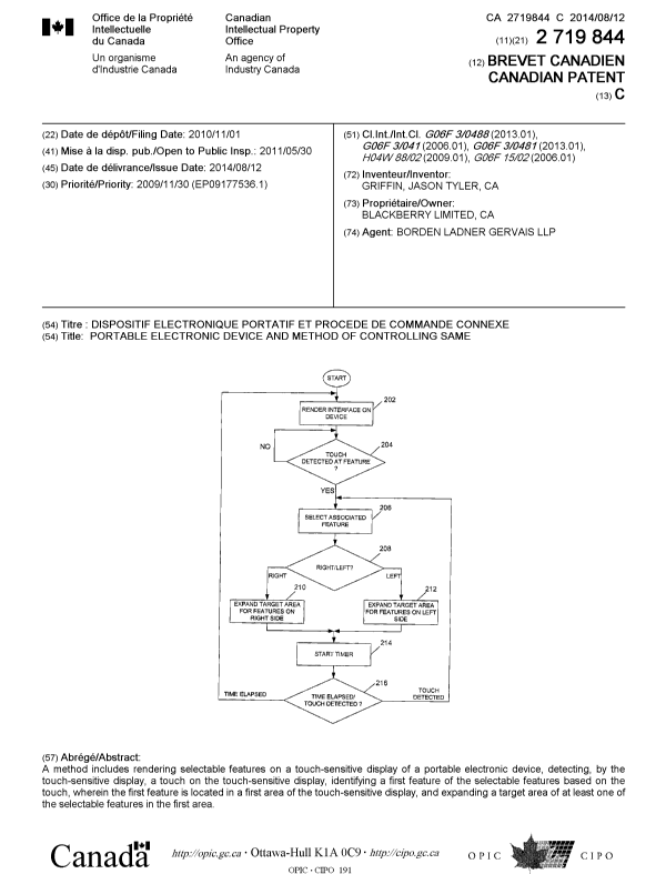 Document de brevet canadien 2719844. Page couverture 20140723. Image 1 de 1
