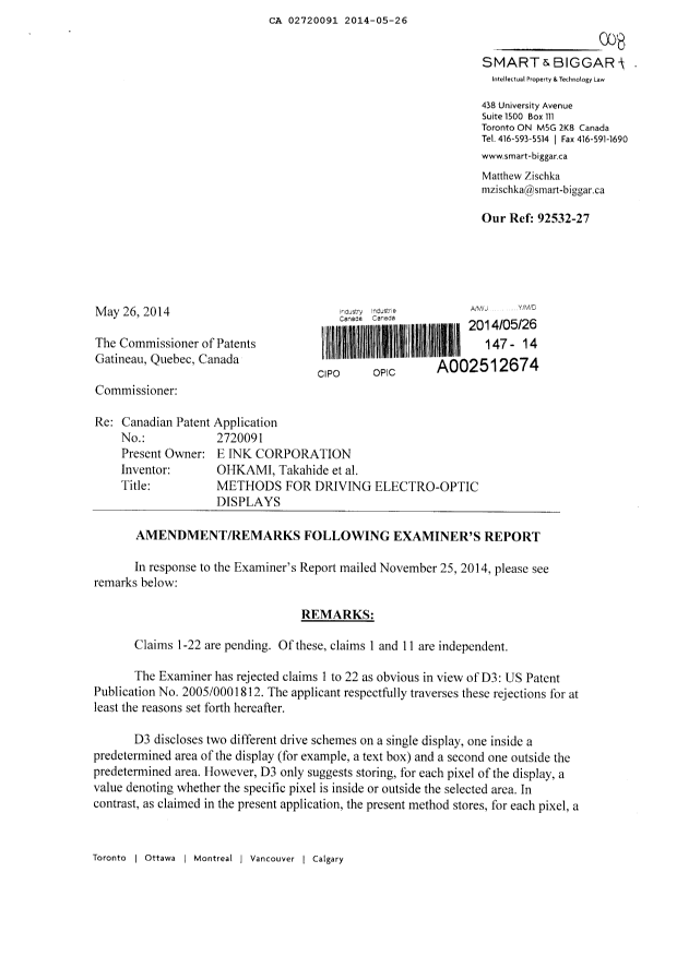 Canadian Patent Document 2720091. Prosecution-Amendment 20140526. Image 1 of 3