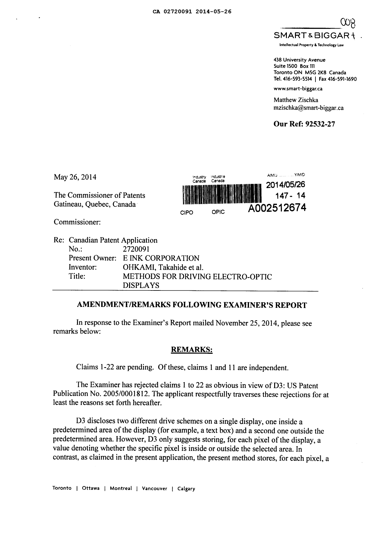 Document de brevet canadien 2720091. Poursuite-Amendment 20140526. Image 1 de 3