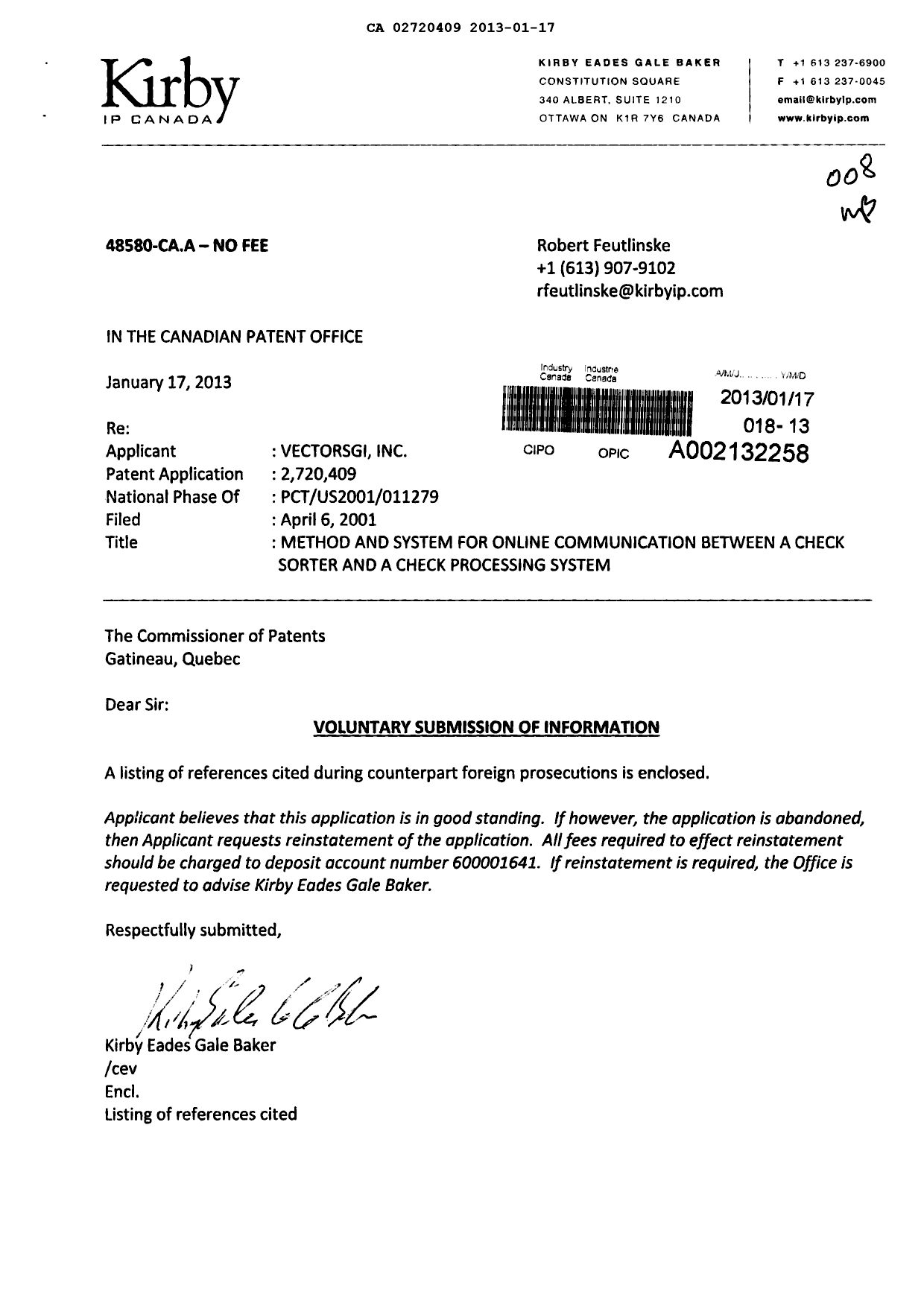 Canadian Patent Document 2720409. Prosecution-Amendment 20130117. Image 1 of 1