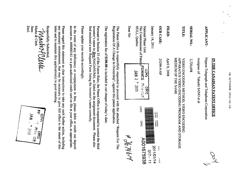 Canadian Patent Document 2720698. Assignment 20110114. Image 1 of 6