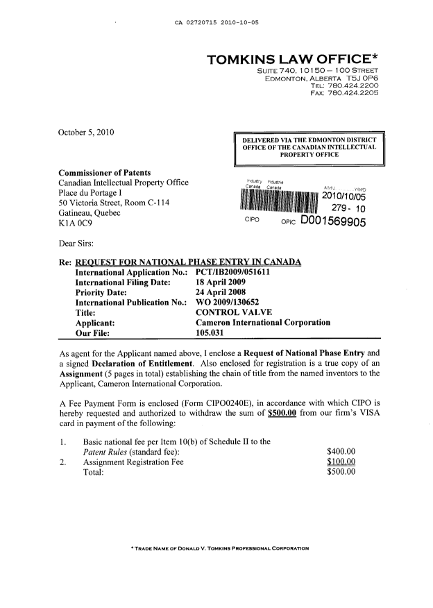Document de brevet canadien 2720715. Cession 20101005. Image 1 de 9