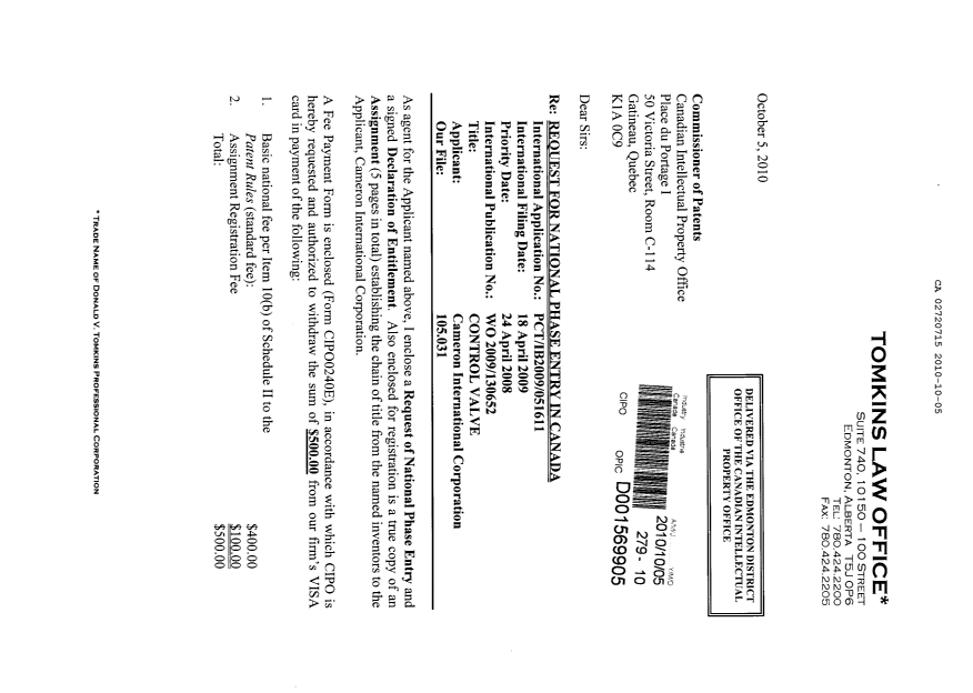 Canadian Patent Document 2720715. Assignment 20101005. Image 1 of 9