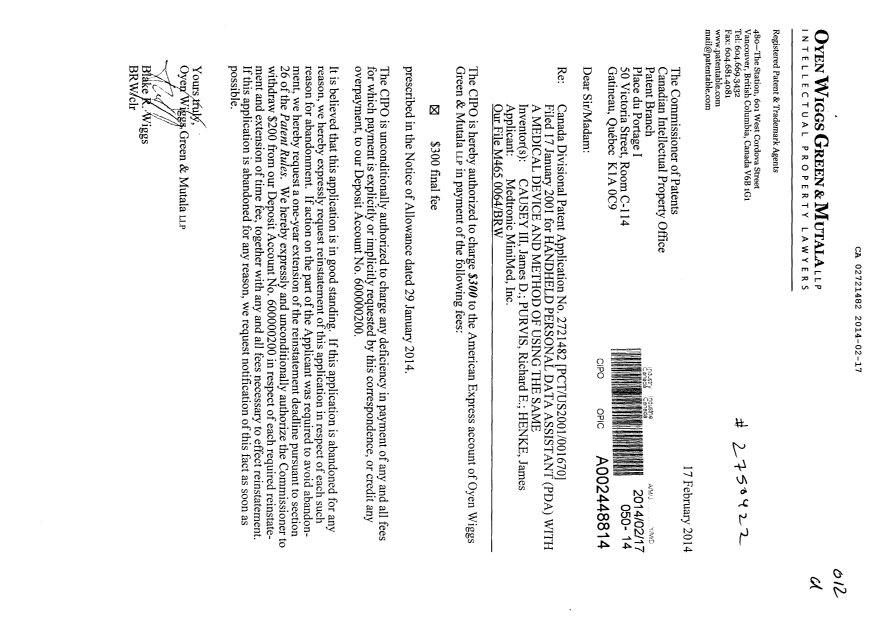 Canadian Patent Document 2721482. Correspondence 20131217. Image 1 of 1