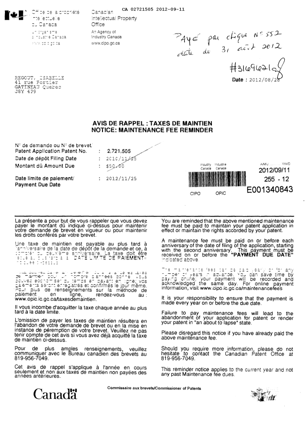 Document de brevet canadien 2721505. Taxes 20111211. Image 1 de 1