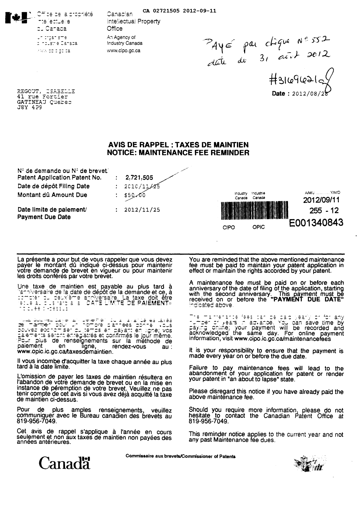 Canadian Patent Document 2721505. Fees 20111211. Image 1 of 1
