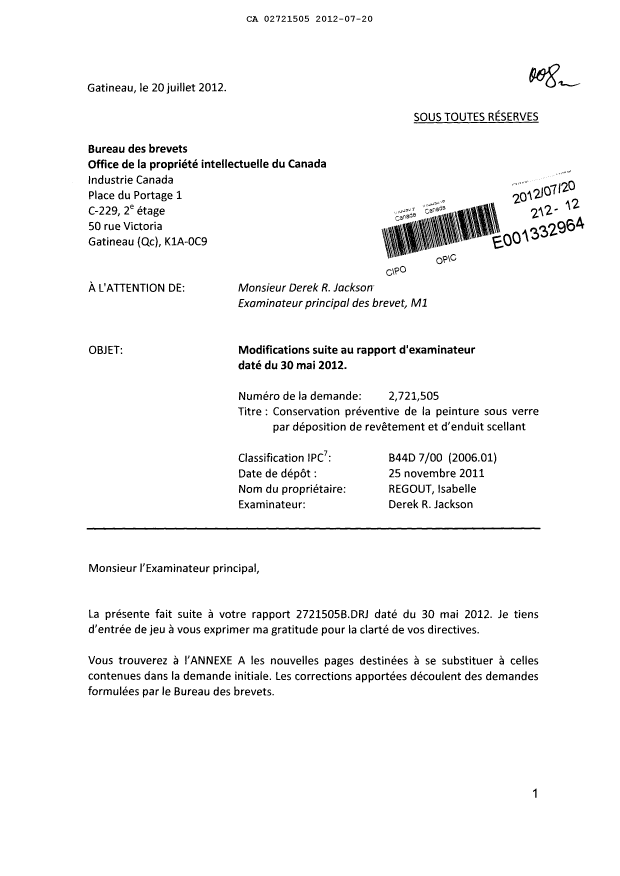 Document de brevet canadien 2721505. Poursuite-Amendment 20111220. Image 1 de 10