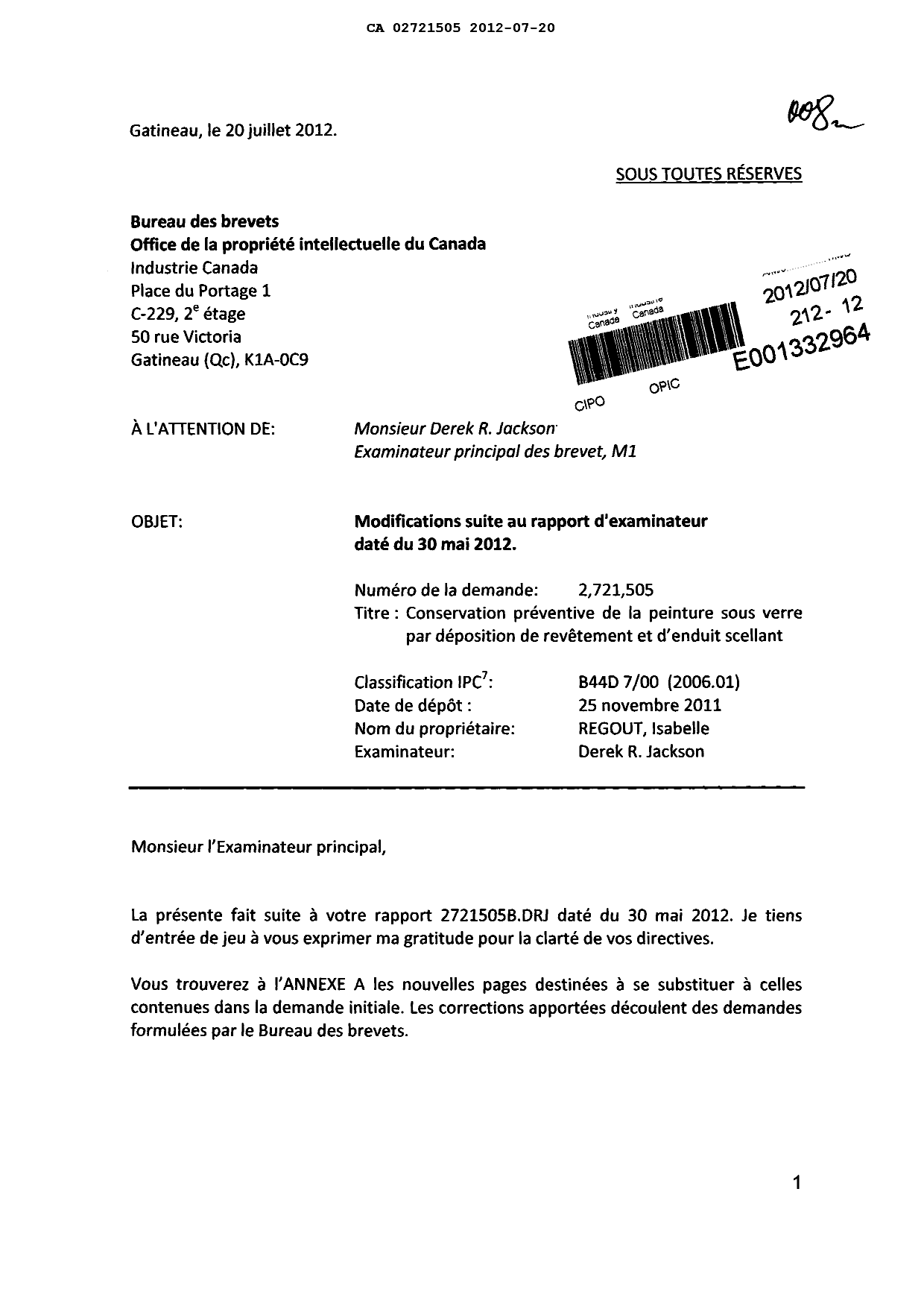 Document de brevet canadien 2721505. Poursuite-Amendment 20111220. Image 1 de 10