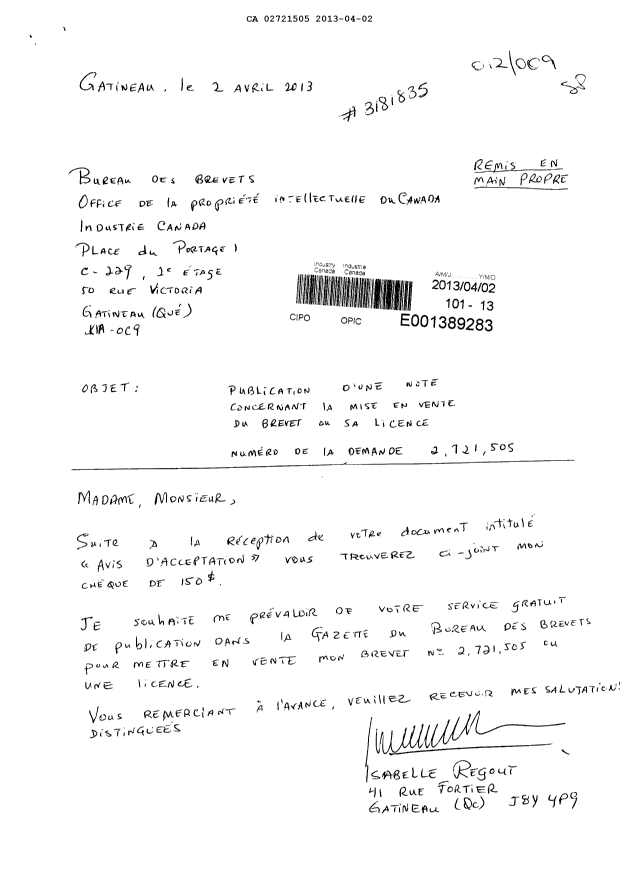 Document de brevet canadien 2721505. Correspondance 20121202. Image 1 de 2