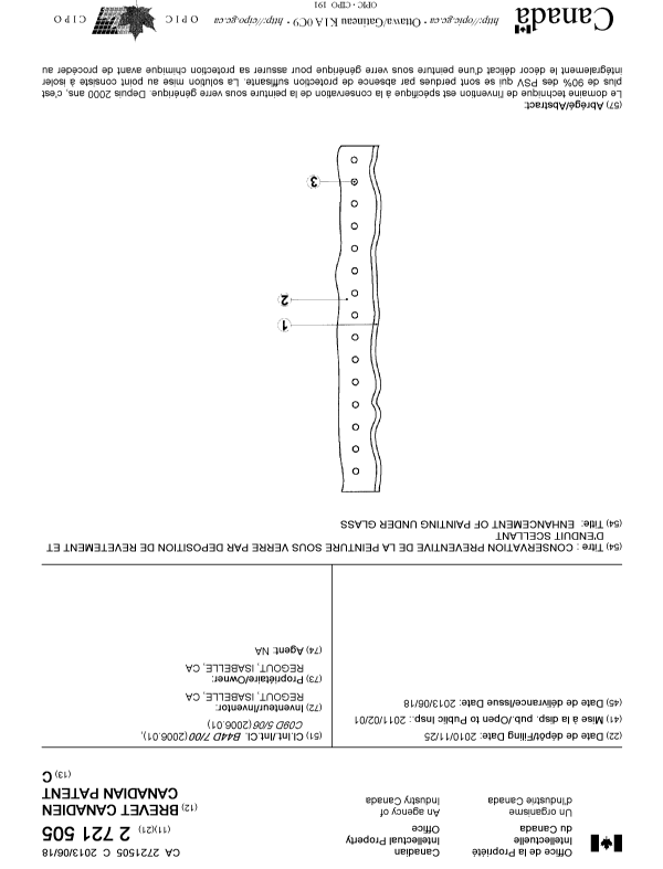 Document de brevet canadien 2721505. Page couverture 20121203. Image 1 de 2
