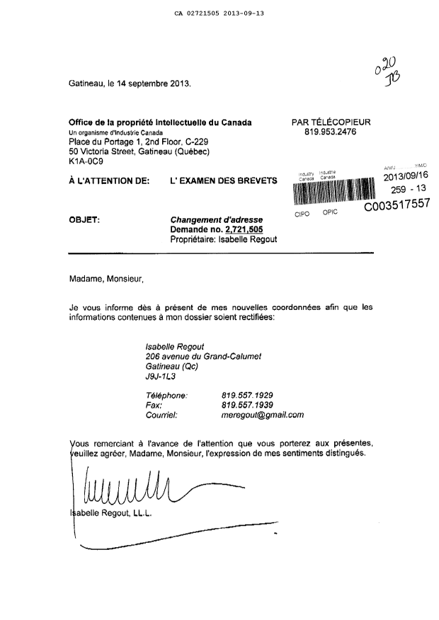 Document de brevet canadien 2721505. Correspondance 20121213. Image 1 de 1