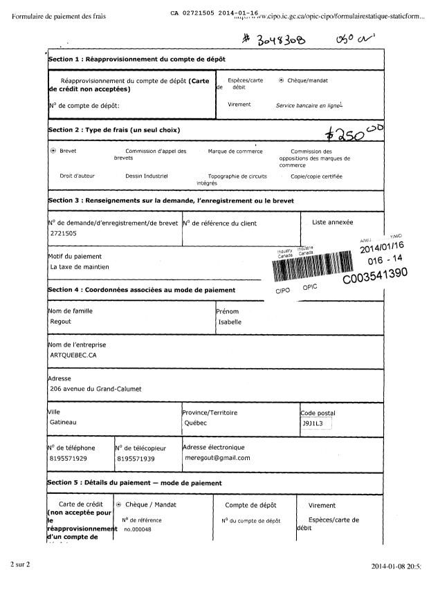 Document de brevet canadien 2721505. Taxes 20131216. Image 1 de 1