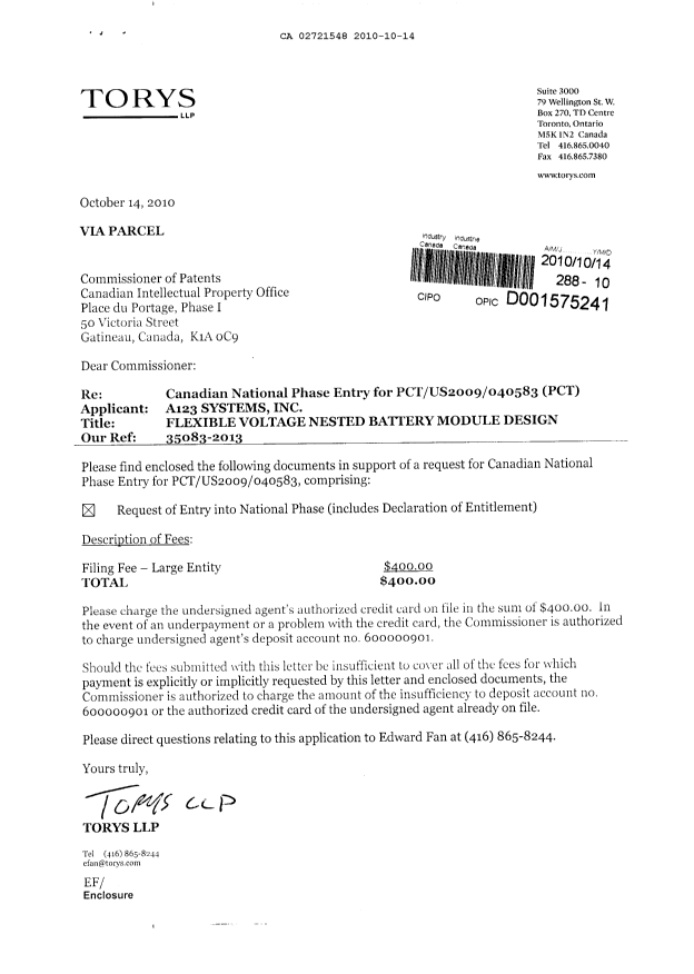 Document de brevet canadien 2721548. Cession 20101014. Image 1 de 2