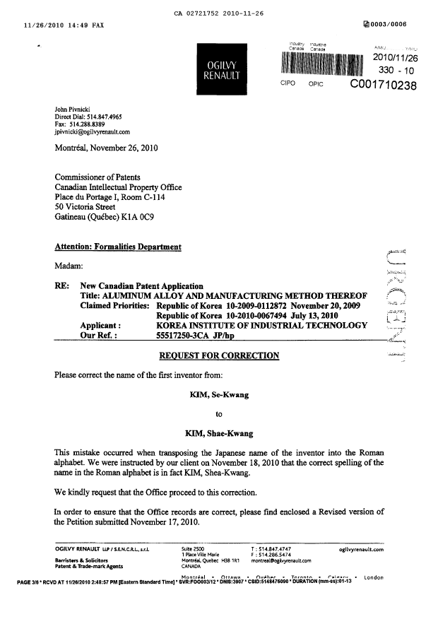 Canadian Patent Document 2721752. Correspondence 20101126. Image 1 of 2