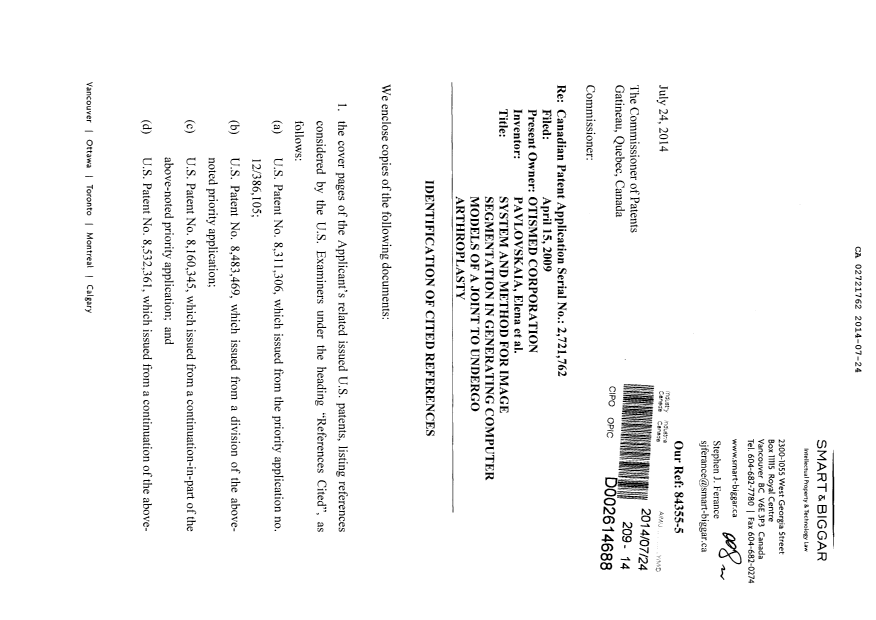 Document de brevet canadien 2721762. Poursuite-Amendment 20140724. Image 1 de 3