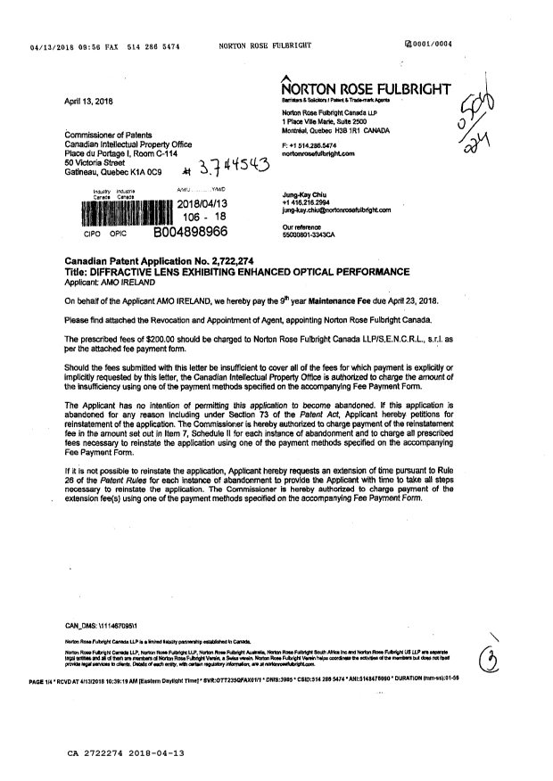 Document de brevet canadien 2722274. Paiement de taxe périodique 20180413. Image 1 de 2