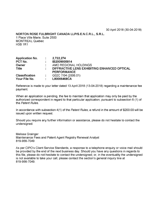 Canadian Patent Document 2722274. Office Letter 20180430. Image 1 of 1