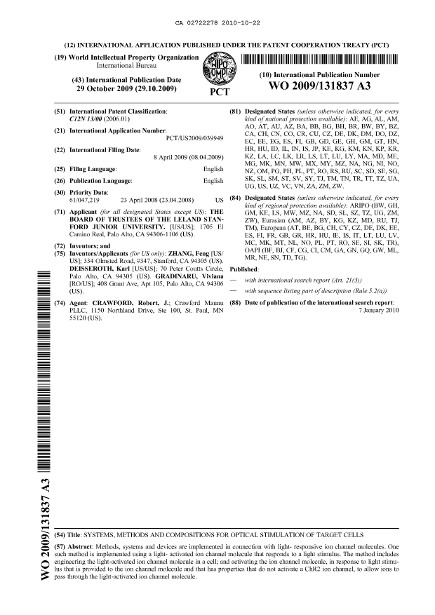 Document de brevet canadien 2722278. Abrégé 20101022. Image 1 de 1