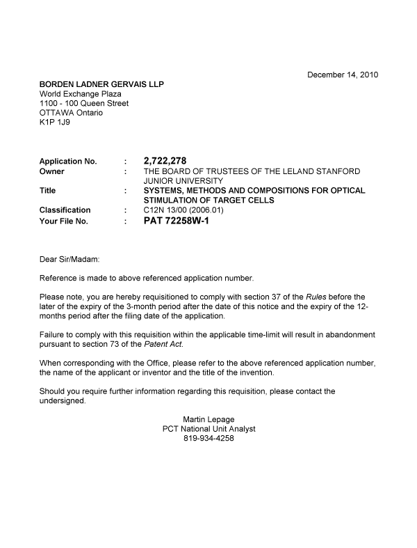 Document de brevet canadien 2722278. Correspondance 20101214. Image 1 de 1