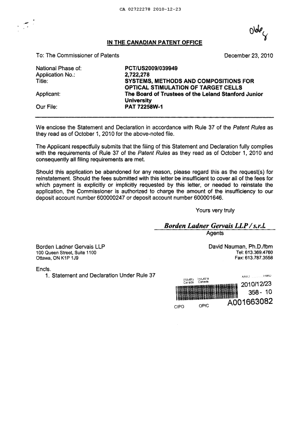 Document de brevet canadien 2722278. Correspondance 20101223. Image 1 de 2