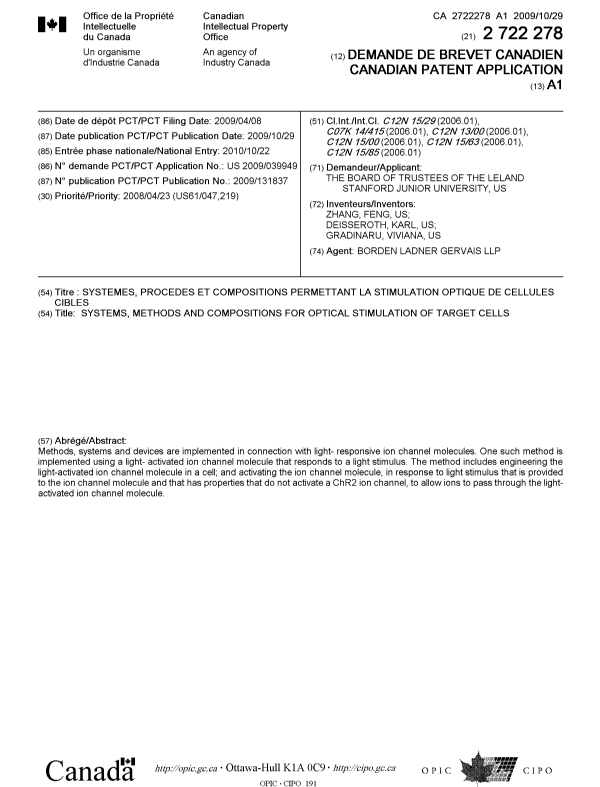 Document de brevet canadien 2722278. Page couverture 20110119. Image 1 de 1
