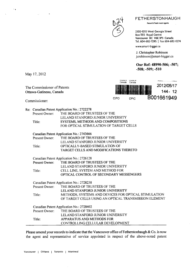 Document de brevet canadien 2722278. Correspondance 20120517. Image 1 de 4