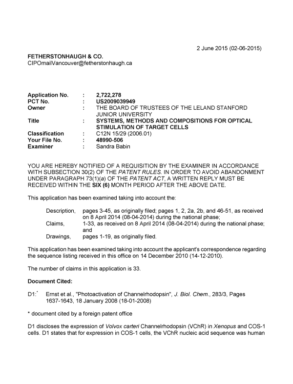 Canadian Patent Document 2722278. Prosecution-Amendment 20150602. Image 1 of 5