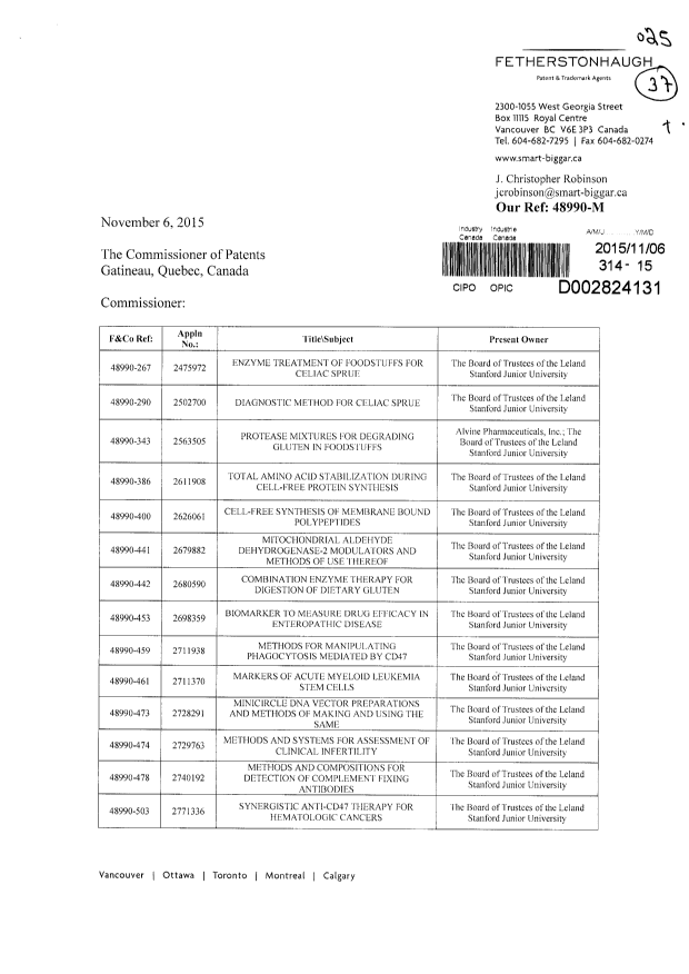 Document de brevet canadien 2722278. Cession 20151106. Image 1 de 4