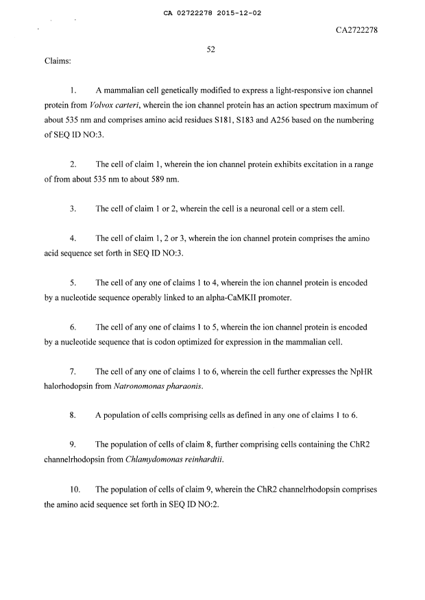 Document de brevet canadien 2722278. Revendications 20151202. Image 1 de 4