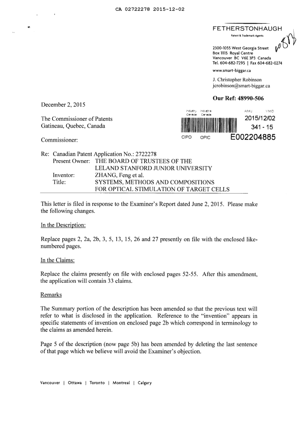 Document de brevet canadien 2722278. Modification 20151202. Image 1 de 18