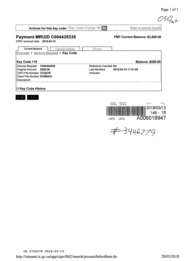 Document de brevet canadien 2722278. Paiement de taxe périodique 20180313. Image 1 de 1