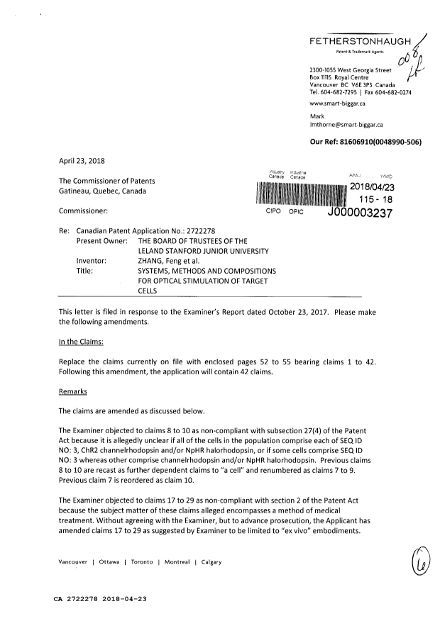 Document de brevet canadien 2722278. Modification 20180423. Image 1 de 6