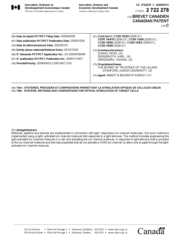 Document de brevet canadien 2722278. Page couverture 20200309. Image 1 de 1