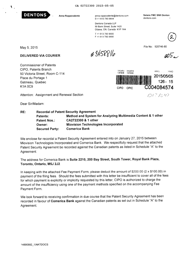 Document de brevet canadien 2722300. Cession 20150505. Image 1 de 7