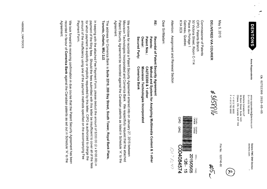 Canadian Patent Document 2722300. Assignment 20150505. Image 1 of 7