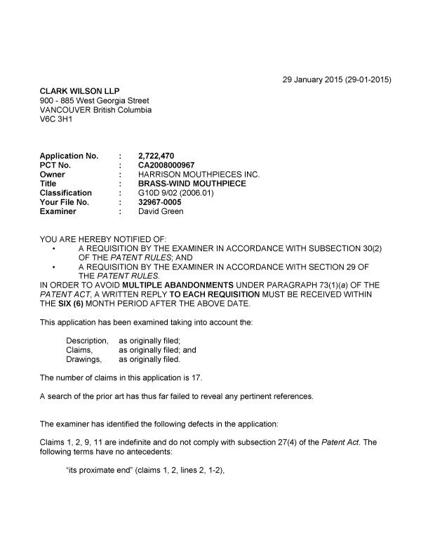 Canadian Patent Document 2722470. Prosecution-Amendment 20150129. Image 1 of 4