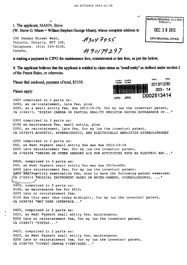 Canadian Patent Document 2722916. Prosecution-Amendment 20121230. Image 1 of 2