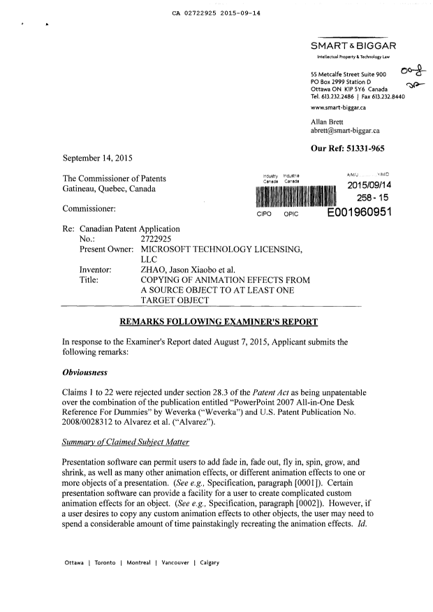 Canadian Patent Document 2722925. Prosecution-Amendment 20141214. Image 1 of 7