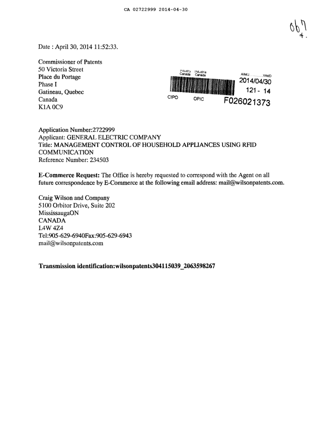 Canadian Patent Document 2722999. Correspondence 20131230. Image 1 of 1