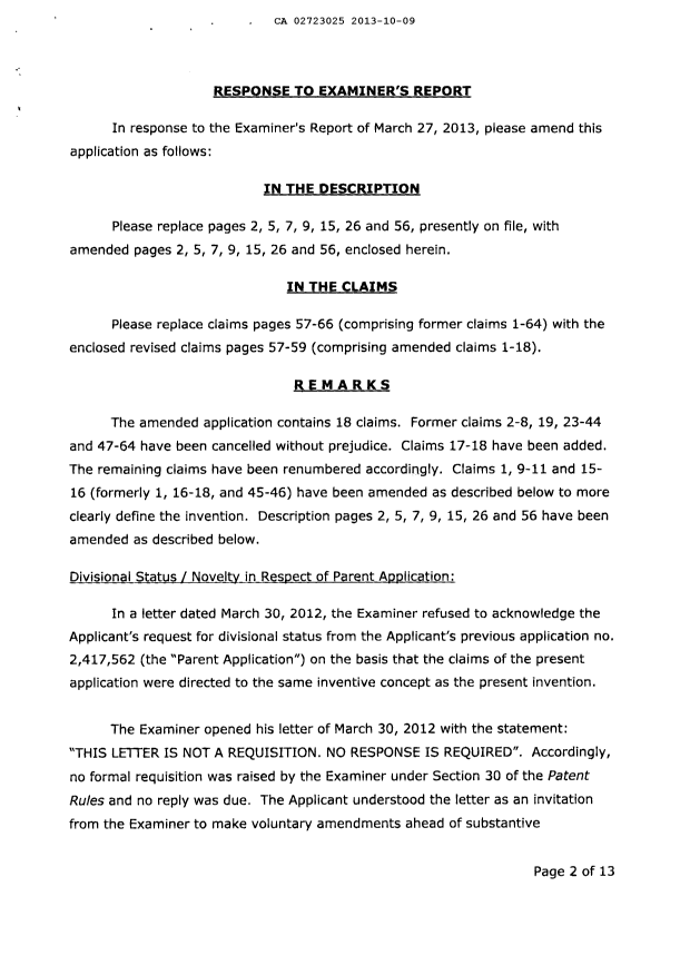 Canadian Patent Document 2723025. Prosecution-Amendment 20131009. Image 2 of 23