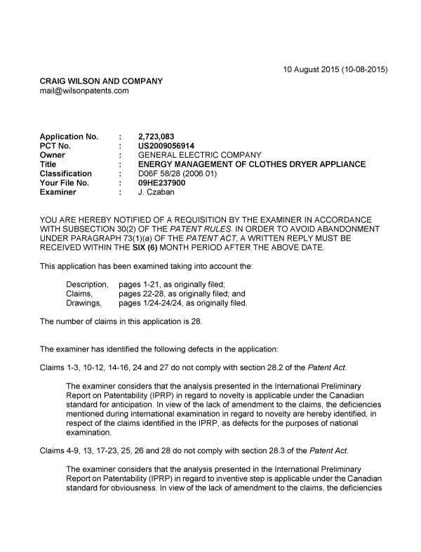 Canadian Patent Document 2723083. Examiner Requisition 20150810. Image 1 of 3