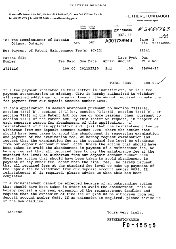 Document de brevet canadien 2723116. Taxes 20110406. Image 1 de 1