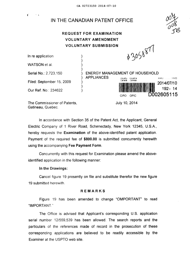 Canadian Patent Document 2723150. Prosecution-Amendment 20131210. Image 1 of 3