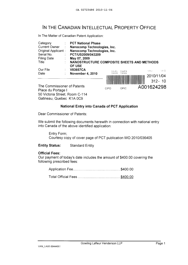 Document de brevet canadien 2723486. Cession 20101104. Image 1 de 4